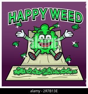 Cartoon Mascot of Weed Bud On Cigarette Paper, Happy Weed and Slide Down. Perfect For Label, Cover, Packaging, and Product Design. Stock Vector