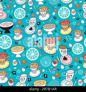 seamless pattern of cups of tea spoons and lemons on a blue background Stock Vector