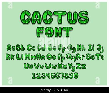 Latin Alphabet Made Of Green Cactus Cartoon. English Letters From A to Z. Vector font for Label, Greeting Card, Lettering and Logo. Stock Vector