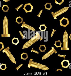 screws and nuts composition over black background, abstract art illustration Stock Vector