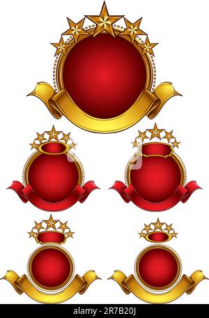 Five stars emblems set. Circle emblems with ribbons, golden stars and places for company name. Classic style. Stock Vector