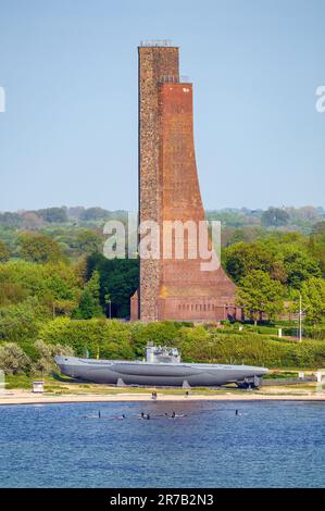 The Laboe Naval Memorial at Laboe, near Kiel, in Schleswig-Holstein, Germany and the U-995 WW2 submarine, which is now a museum. Stock Photo