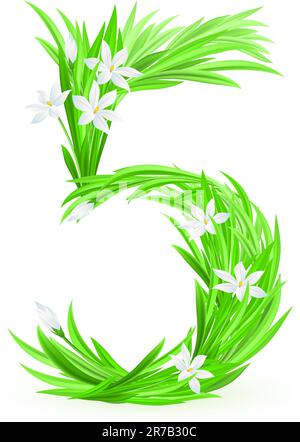 One alphabet symbol of spring flowers  - digit five. Illustration on white background Stock Vector