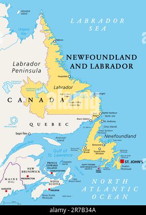 Newfoundland and Labrador, political map. Province of Canada, in Atlantic region, capital St. Johns. Island of Newfoundland and region of  Labrador. Stock Photo