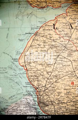 Detail from an 1868 Map of the County Palatine of Lancaster, so Lancashire as it was then,  From the Ordnance Survey by J. Bartholomew F.R.G.S.;  this section including Liverpool, Birkenhead, part of the River Mersey, Formby Point, Southport and part of the River Ribble. South of the Lancashire section in the cream tinted Cheshire area are Birkenhead, New Brighton, Wallasey, Hoose. Stock Photo