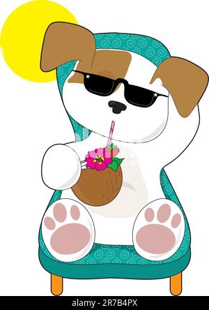 A cute puppy is relaxing in a lawn chair and enjoying a tropical drink Stock Vector