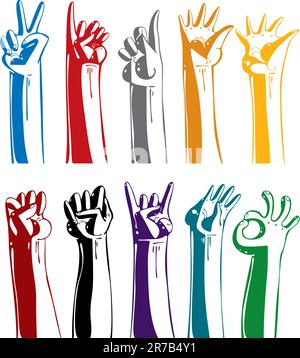 Set of gesturing hands. Stylized illustration icons collection. Painted with symbolic colors. Stock Vector