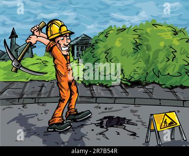 Cartoon of labourer using a pick axe to dig a hole in the road Stock Vector