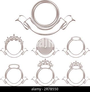 Round emblems set. Circle emblems with ribbons, stars and places for company name. Classic style. One color contour versions Stock Vector