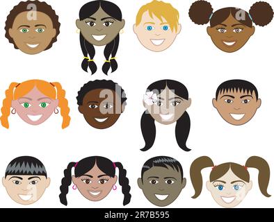 Vector Illustration of 12 boy and girl faces with smiles. Stock Vector