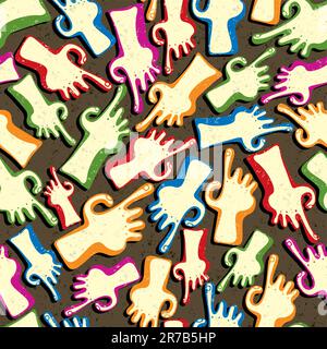 Finger pointing hands seamless pattern. Drawn pointers background. With grunge texture on upper layer, easy editable. Stock Vector