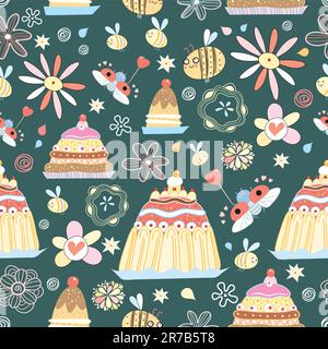seamless pattern of warm pie and amusing insects on a dark background Stock Vector