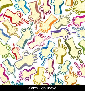 Finger pointing hands seamless pattern. Drawn pointers background. With grunge texture on upper layer, easy editable. Stock Vector