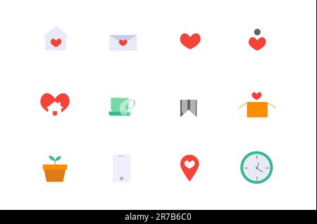 Linear art set of icons for home social networking, heart filled coloring love Stock Vector