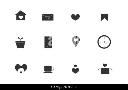 Linear art set of icons for home social networking, heart filled Stock Vector