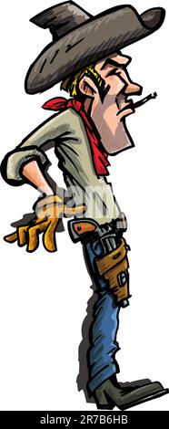 Cartoon cowboy ready to draw his guns. Side view isolated on white Stock Vector