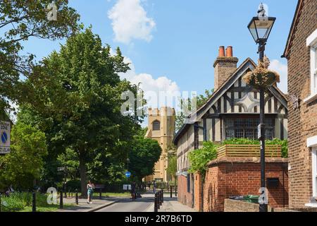 Walthamstow Village in summertime, London UK, looking north towards St Mary's church and the Ancient House Stock Photo