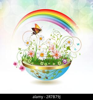 Flowers in flowerpot and butterflies Stock Vector