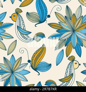 vector seamless background with plants, birds, and butterflies, clipping mask Stock Vector