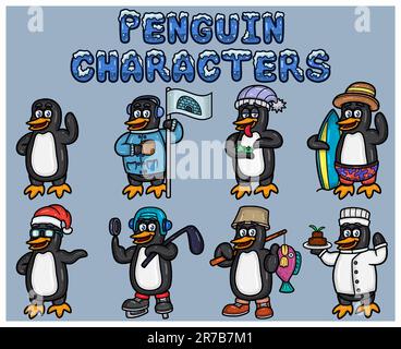 Set Of Penguin Cartoon Mascot Characters. With Simple Gradients. Vectors and Illustrations. Stock Vector