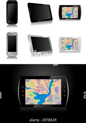 Portable GPS device icon. Black background with white. Vector ...