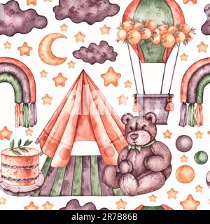 Watercolor kids pattern with teddy bear in boho style. Children's pattern for fabrics, wallpapers, clothes, textiles, packaging Stock Photo