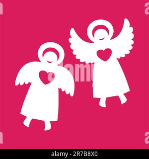 Two angels with hearts on a red background Stock Vector