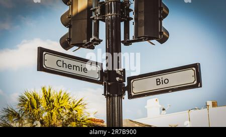 An image with a signpost pointing in two different directions in German. One direction points to Bio, the other points to Chemistry. Stock Photo