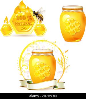 Glass jar with honey and bee isolated on white Stock Vector