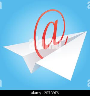 E-mail symbol flying on paper plane against the blue sky. Stock Vector