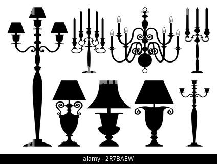 Lighting set, black silhouettes of antique candelabras and lamps on white background Stock Vector
