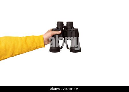 binoculars in hand isolated on white background, search concept. Stock Photo