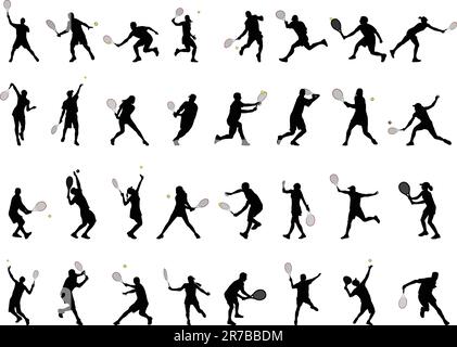 32 different tennis players silhouettes - vector Stock Vector