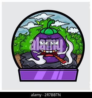 Cartoon Mascot of Mangosteen Character  Do Smoking In Jungle. Blank Sign and Circle Logo. Vectors and Illustrations. Stock Vector