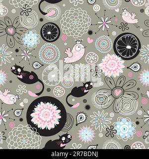 seamless pattern of the cats birds and flowers on a brown background Stock Vector
