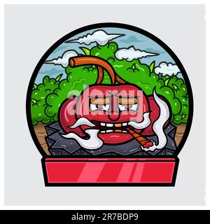 Cherry Fruit Cartoon Character Do Smoking In Jungle. Blank Sign and Circle Logo. Vectors and Illustrations. Stock Vector