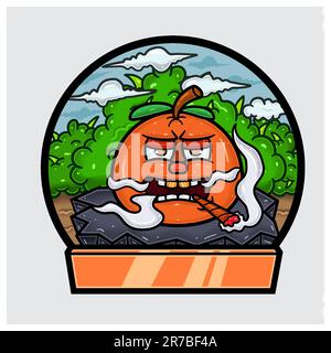 Orange Fruit Cartoon Character Do Smoking In Jungle. Blank Sign and Circle Logo. Vectors and Illustrations. Stock Vector