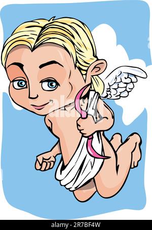 Cartoon cupid with bow and wings. Blue sky behind Stock Vector