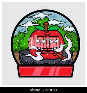 Apple Fruit Cartoon Character Do Smoking In Jungle. Blank Sign and Circle Logo. Vectors and Illustrations. Stock Vector