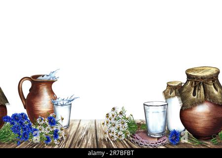 Dairy products in ceramic and glassware on a wooden table. Seamless border. Watercolor hand drawn illustration. White background. For design advertisi Stock Photo