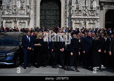 Milan, Italy. June 14, 2023, The family Berlusconi, Marina, Pier Silvio, Barbara, Eleonora, Luigi, during the state funeral for the former Italian Prime Minister Silvio Berlusconi at Duomo on June 14, 2023 in Milan, Italy. Credit: Tiziano Ballabio Stock Photo