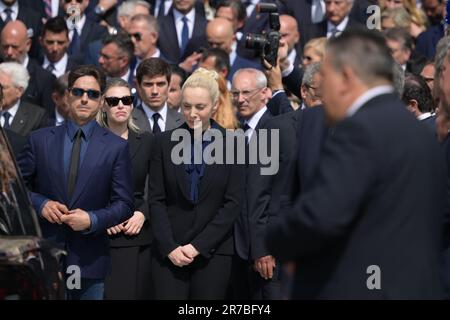 Milan, Italy. June 14, 2023, The family Berlusconi, Marina, Pier Silvio, Barbara, Eleonora, Luigi, during the state funeral for the former Italian Prime Minister Silvio Berlusconi at Duomo on June 14, 2023 in Milan, Italy. Credit: Tiziano Ballabio Stock Photo