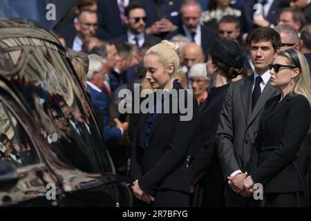 Milan, Italy. June 14, 2023, The family Berlusconi, Marina, Pier Silvio, Barbara, Eleonora, Luigi, during the state funeral for the former Italian Prime Minister Silvio Berlusconi at Duomo on June 14, 2023 in Milan, Italy. Credit: Tiziano Ballabio Stock Photo