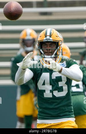 Green Bay Packers cornerback Kiondre Thomas (43) gets set on defense during  an NFL pre-season football game against the Kansas City Chiefs Thursday,  Aug. 25, 2022, in Kansas City, Mo. (AP Photo/Peter