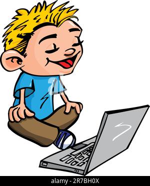 Cartoon of boy working on a laptop isolated on white Stock Vector