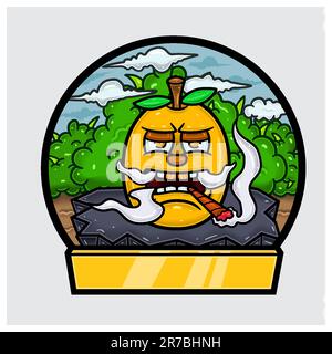 Cartoon Mascot of Mango Character Do Smoking In Jungle. Blank Sign and Circle Logo. Vectors and Illustrations. Stock Vector