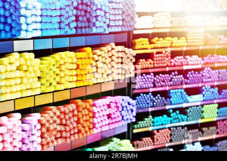 Markers and pencils in office supply store Stock Photo