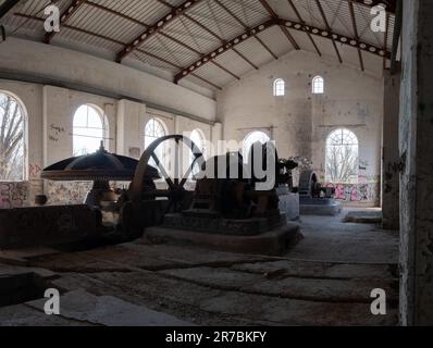 Interior of old abandoned hydro power plant on Vrbas river in Banja Luka, built in 1899 Stock Photo