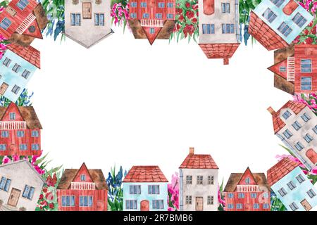 Watercolor frame with cute houses on a white background. Template for a ...