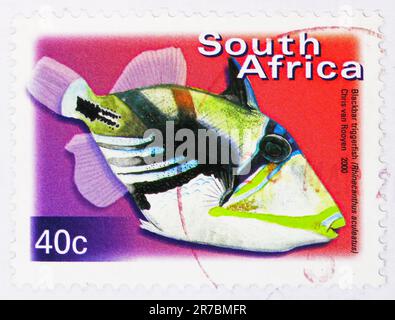 MOSCOW, RUSSIA - JUNE 8 2023: Postage stamp printed in South Africa shows Lagoon Triggerfish (Rhinecanthus aculeatus), Definitives Flora and Fauna ser Stock Photo